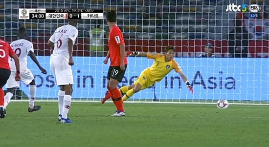 한국과 카타르의 경기에서 김승규 골키퍼가 놀란 모습으로 몸을 날리고 있다./jtbc 중계화면 캡처