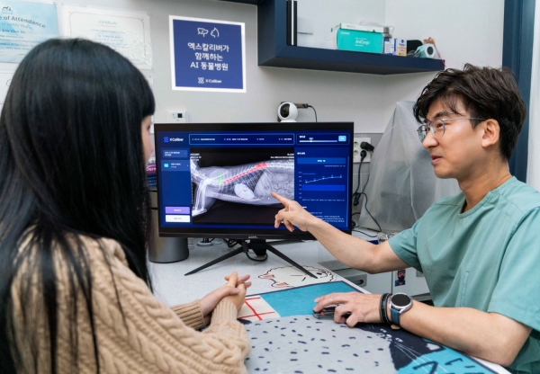 사진은 수도권 소재 동물병원에서 수의사가 엑스칼리버를 활용해 고양이의 엑스레이 사진을 판독하고 진료하는 모습이다. [SKT 제공]