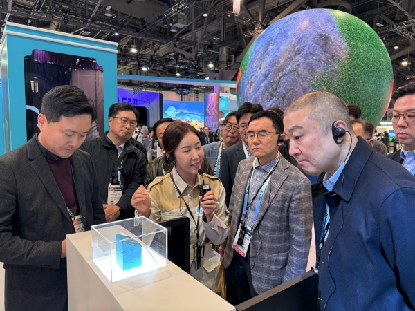 구자은 LS그룹 회장(오른쪽)이 CES 2024에서 SK하이닉스의 고대역폭 메모리(HBM) 관련 전시물을 관람하고 있다 (사진=구자은 LS그룹)