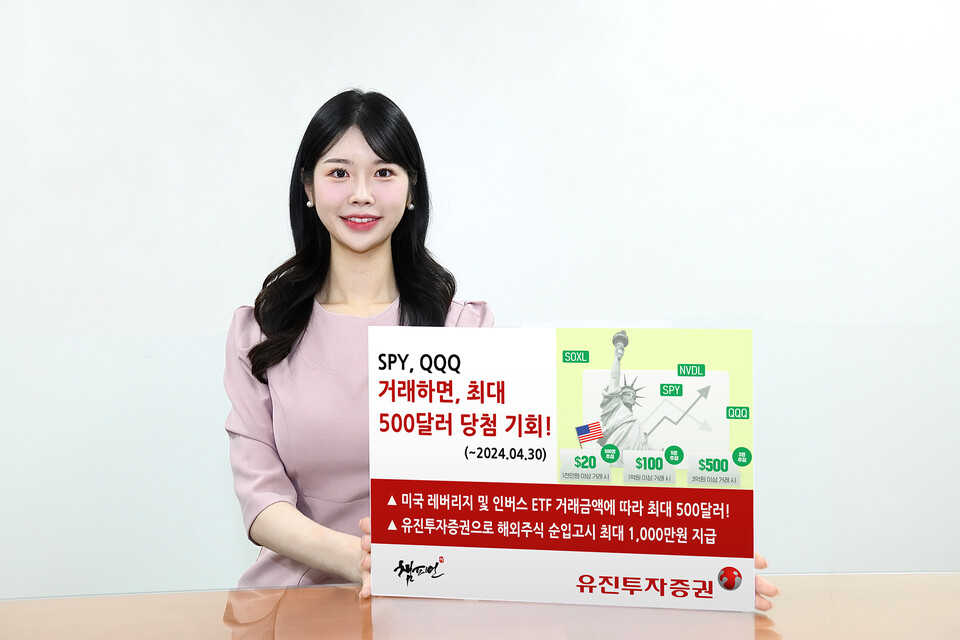 유진투자증권이 해외주식 투자자를 대상으로 내달 30일까지 미국 레버리지, 인버스 ETF 이벤트를 진행한다. 사내 모델이 해당 이벤트를 안내하고 있다. [유진투자증권 제공]