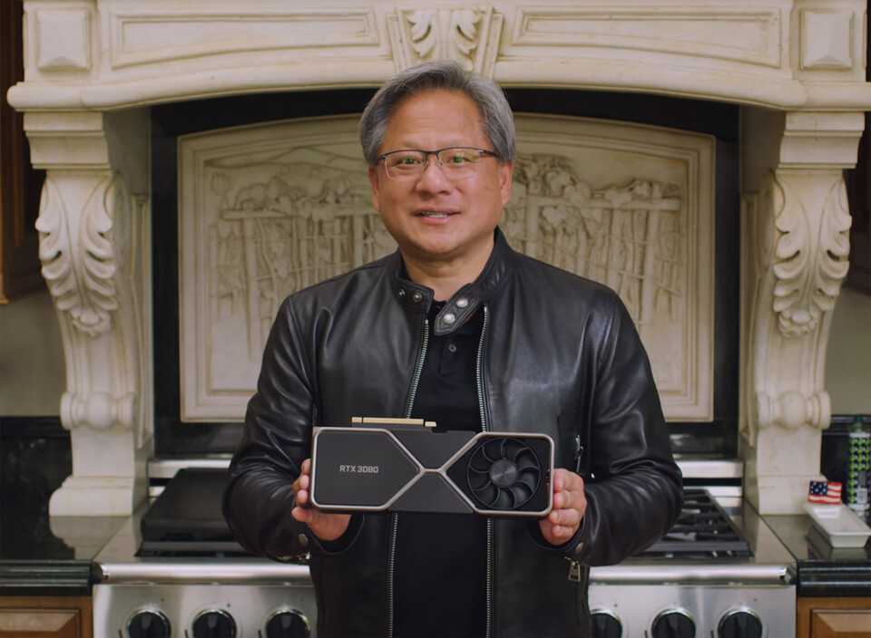 지포스 RTX 30 시리즈 그래픽카드를 소개하는 젠슨 황 엔비디아 CEO. [엔비디아 유튜브 갈무리]