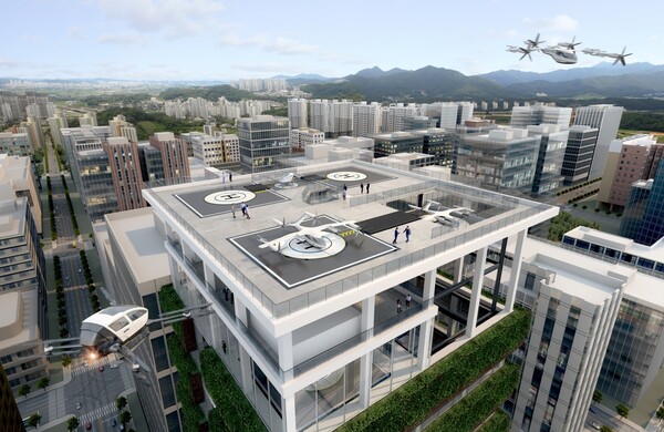 현대엘리베이터가 지난해 7월 ‘국토교통부·사우디아라비아, 신도시 개발사업 네옴 로드쇼’에서 공개한 H-PORT 이착륙장.