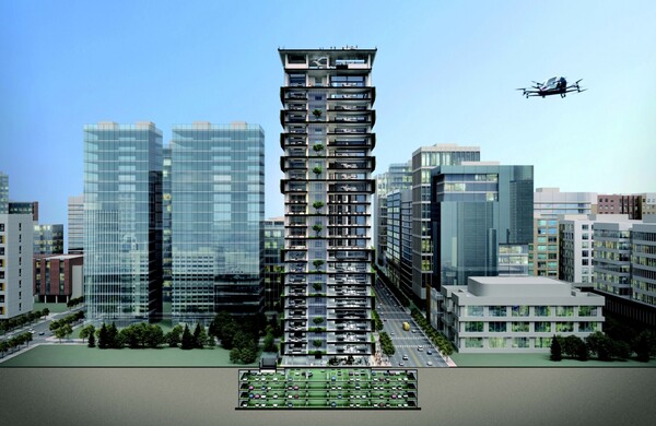 현대엘리베이터가 지난해 7월 ‘국토교통부·사우디아라비아, 신도시 개발사업 네옴 로드쇼’에서 공개한 H-PORT 조감도. 건물 내부에는 UAM의 격납 및 충전, 정비가 가능한 시설이 조성될 예정이다.