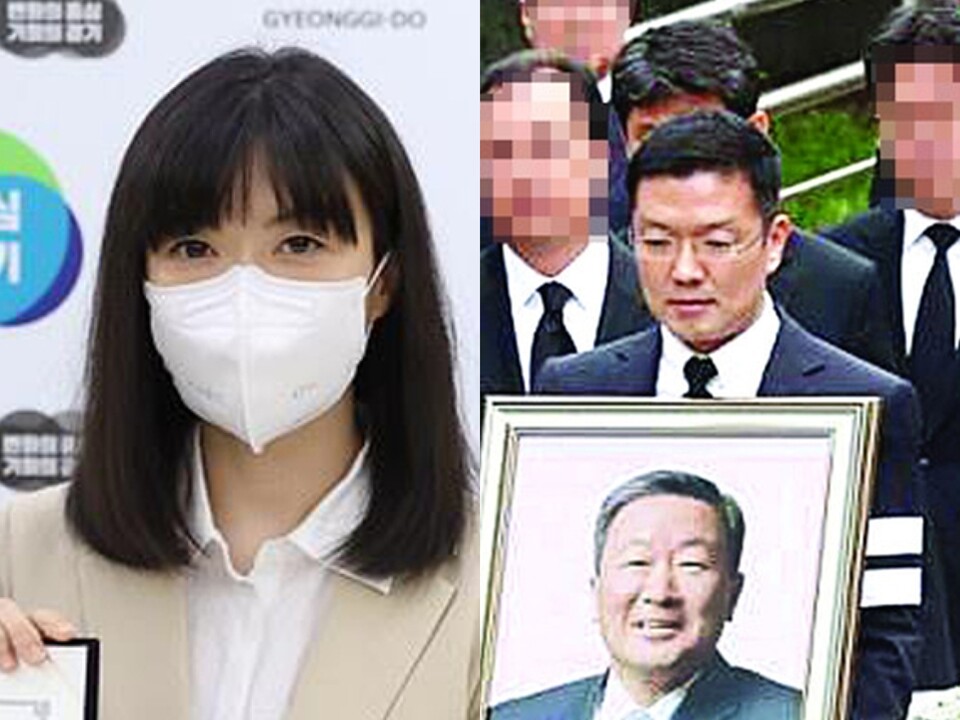 (왼쪽부터) 고(故) 구본무 LG그룹 선대회장의 장녀인 구연경 LG복지재단 대표, 지난 2018년 5월 22일 서울 종로구 연건동에서 열린 고(故) 구본무 LG그룹 회장의 발인식에서 맏사위 윤관 블루런벤처스 대표가 고인의 영정을 들고 있다. [경기도청 제공]