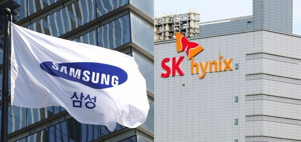 (왼쪽부터) 삼성전자 로고 깃발, 경기 이천 SK하이닉스 본사 전경. [삼성전자, SK하이닉스 제공]
