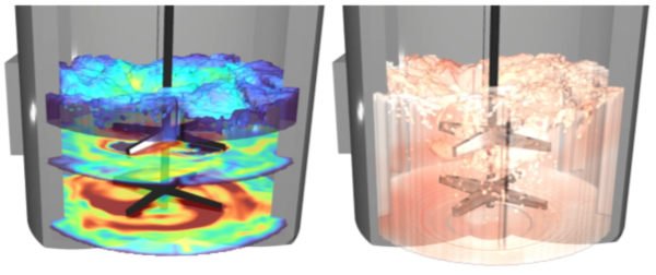 이에이트의 이차전지 시뮬레이션 예시 : 유속분포(좌), 농도확산(우).