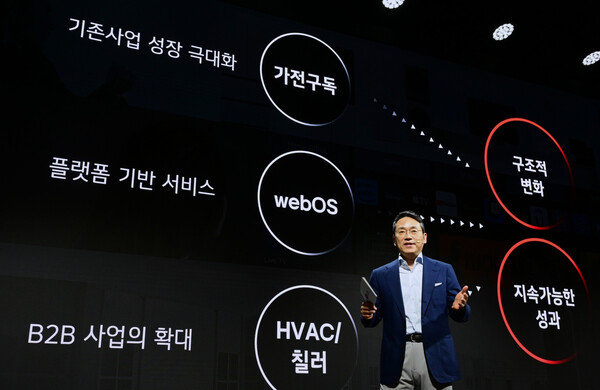 이달 21일 서울 마곡 LG사이언스파크에서 열린 LG전자 인베스터 포럼(Investor Forum)에서 LG전자 조주완 CEO가 사업 포트폴리오 혁신 전략에 대해서 설명하고 있다.