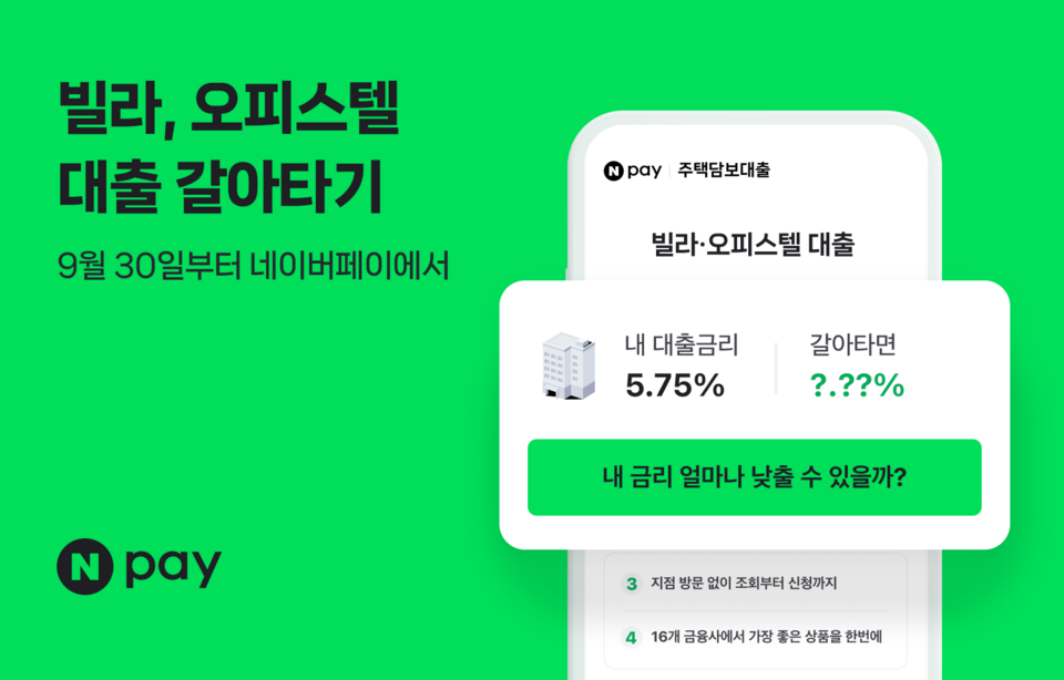 네이버페이가 '주택담보대출 갈아타기' 서비스 대상 주택을 아파트에서 빌라와 주거용 오피스텔까지 확대했다. [네이버페이 제공]