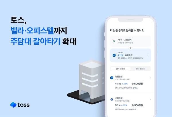 모바일 금융 서비스 ‘토스’를 운영하는 비바리퍼블리카(이하 토스)가 빌라와 주거용 오피스텔에 대해서도 ‘주택담보대출(이하 주담대) 갈아타기’ 서비스를 확대하고 나섰다. [토스 제공]