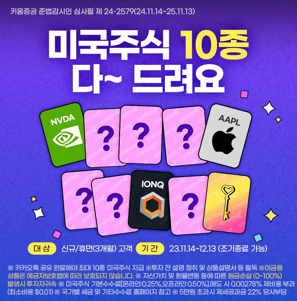 키움증권은 ‘카드를 뒤집으면 미국주식 10종 다~드려요’ 이벤트를 내달 13일까지 진행한다. [키움증권 제공]