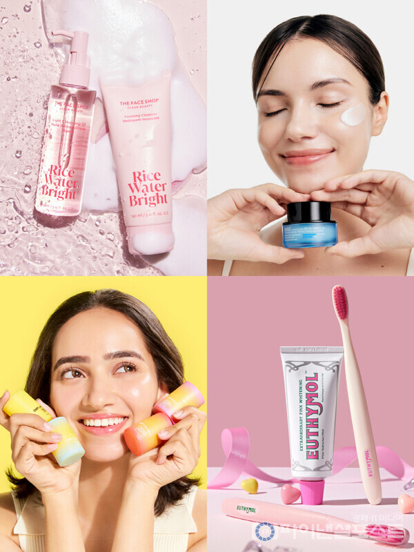 시계 방향으로 더페이스샵 미감수 브라이트 페이셜 클렌징 폼 & 미감수 브라이트 라이트 페이셜 클렌징 오일, 빌리프 모이스춰라이징 아이 밤, 유시몰 화이트닝 치약, CNP 프로폴리스 립세린 순이다. [LG생활건강 제공]