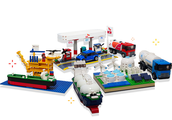 SK이노베이션이 9일 기업광고 ‘에너지를 찾아라’ 공개와 함께 26일까지 진행하는 이벤트 경품 ‘블록 굿즈’ 3종. [SK이노베이션 제공]