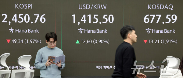 4일 오전 서울 중구 하나은행 본점 딜링룸 전광판 모습[사진=뉴스1]