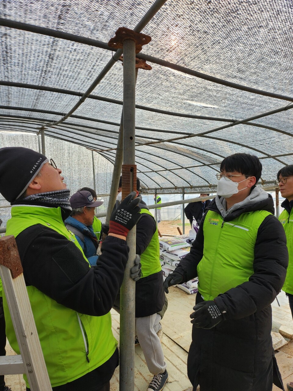 13일 경기 김포시 폭설 피해 농가를 찾은 농협경제지주 축산경제 임직원들이 하우스 지지대 복구 작업을 하고 있다. [농협경제지주 제공]