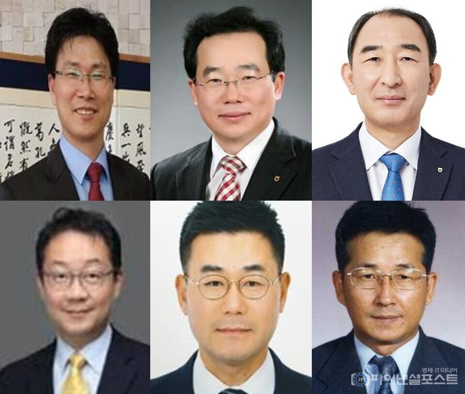 (사진 첫번째줄 왼쪽부터) 강태영 농협은행장 후보, 김장섭 저축은행 대표이사 후보, 박병희 농협생명 대표이사 후보, 김현진 벤처투자 대표이사, 장종환 농협캐피탈 대표이사 후보, 송춘수 농협손해보험 대표이사 후보. [NH농협금융지주 제공]