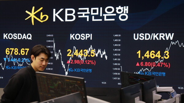 원ㆍ달러 환율이 26일 장중 1465원을 돌파했다. 이는 2009년 3월 16일(1488.0원) 이후 15년 9개월 만에 가장 높은 수준이다. 사진은 KB국민은행 여의도 딜링룸 모습이다. [KB금융 제공]