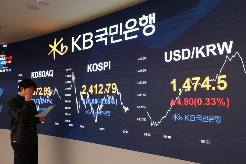 27일 오전 10시 KB국민은행 딜링룸 현황판에 원ㆍ달러 환율과 코스피 지수가 표시되고 있다. [KB국민은행 제공]