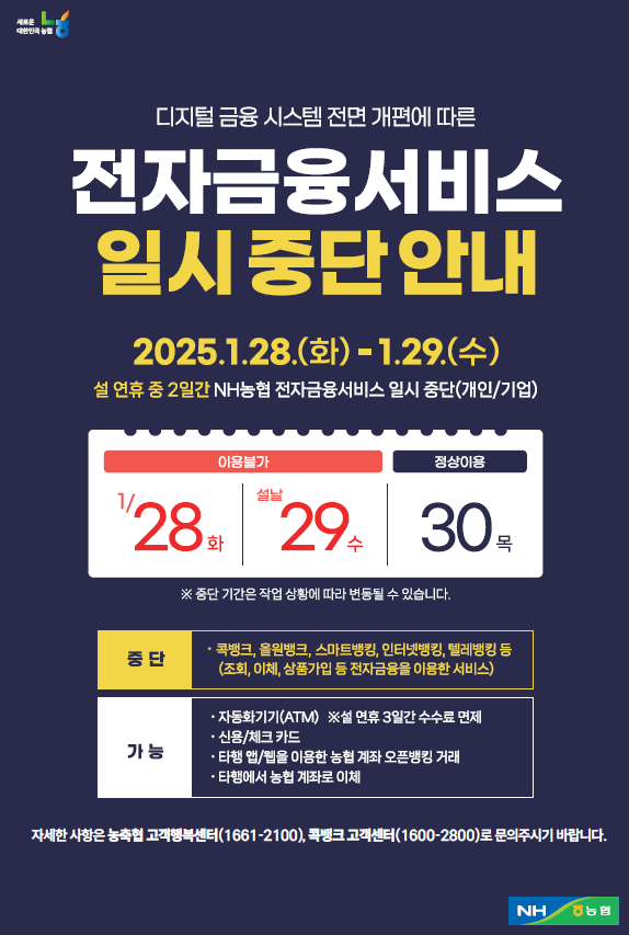 농협이 디지털금융 시스템 전면 개편으로 2일간 전자금융서비스를 일시 중단한다. [농협 제공]