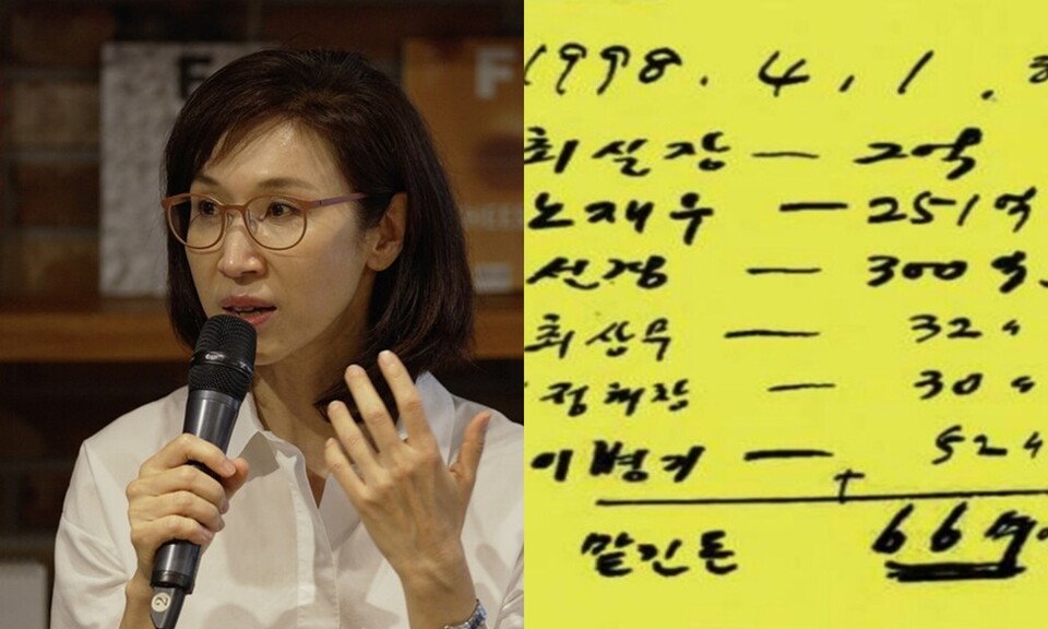 왼쪽부터 노태우 전 대통령의 딸인 노소영 아트센터 나비 관장, 노태우 전 대통령의 부인 김옥숙 여사의 메모. [아트센터 나비, 독자 제공]