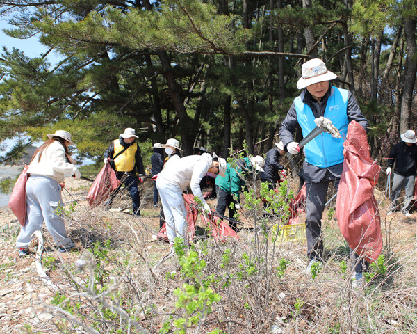 플로깅 캠페인 Sh수협은행 최민성 기업그룹 부행장(오른쪽 파란조끼) 등 참가자들이 겨우내 쌓인 생활쓰레기와 폐어구 등 침적 쓰레기를 수거하고 있다. [사진=Sh수협은행]