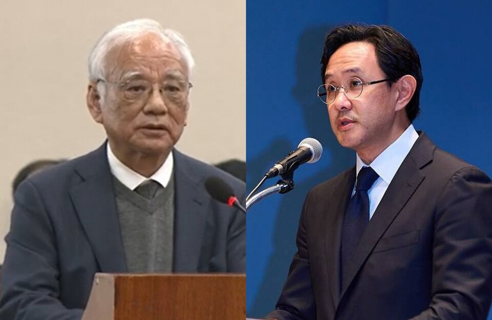 (왼쪽부터)장형진 영풍 고문이 지난달 24일 국회 환경노동위원회 환경부 종합감사에 출석해 발언하고 있다, 최윤범 고려아연 회장이 지난 13일 기자회견에 나서 발언하고 있다. [국회TV 유튜브 갈무리, 고려아연 제공]