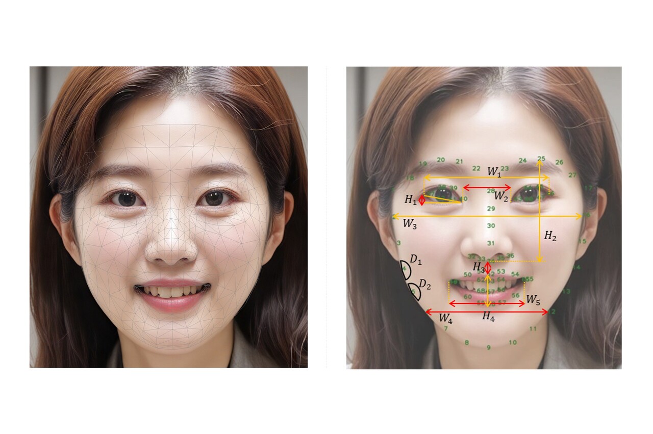 안면 특징점 추출 기술 적용 예시(좌), 얼굴 부위별 6가지 노화 지표 정의 예시(우). [LG생활건강 제공]