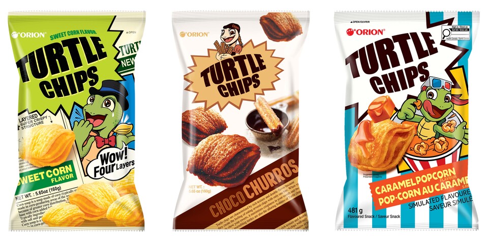 오리온 꼬북칩 콘스프맛, 초코츄러스맛, 카라멜팝콘맛 제품 이미지. [오리온 제공]