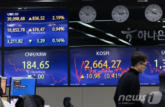 니케이 지수가 34년 만에 최고치를 기록한 이달 22일 오후 서울 중구 하나은행 명동점 딜링룸 전광판에 니케이225 지수가 3만9098.68을 나타내고 있다.