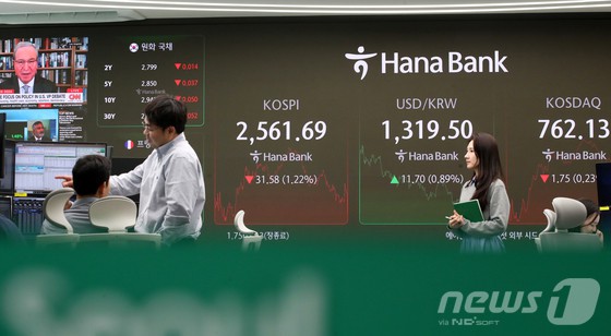 2일 오후 서울 중구 하나은행 딜링룸 전광판에 종가가 표시되고 있다. [뉴스1 제공]