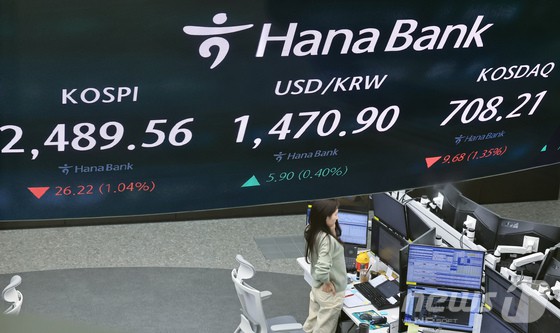 13일 서울 중구 하나은행 본점 딜링룸 전광판에 증시 종가가 표시되고 있다. [뉴스1 제공]