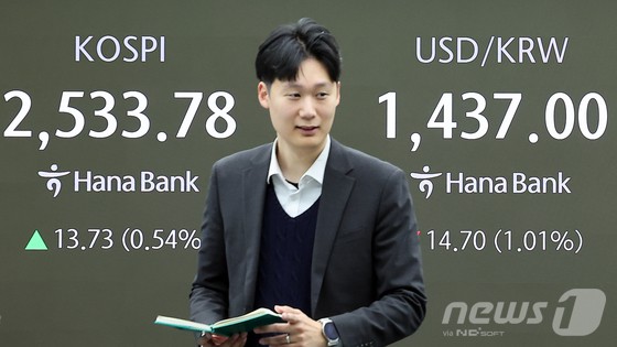 21일 오전 서울 중구 하나은행 본점 딜링룸 전광판에 증시 시황이 표시되고 있다. 이날 코스피는 전 거래일 종가와 비교해 13.73포인트(p)(0.54%) 상승한 2533.78을 나타내고 있다. 서울외환시장에서 달러·원 환율은 전 거래일 주간거래 종가 대비 14.20원 하락한 1437.50원을 나타내고 있다.