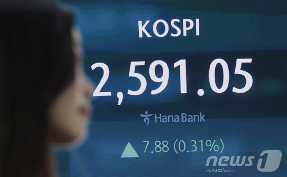 14일 오후 서울 중구 하나은행 본점 딜링룸 전광판에 코스피 지수가 표시되고 있다. 이날 코스피 지수는 전거래일 대비 7.88포인트(0.31%) 오른 2,591.05로, 코스닥 지수는 7.04포인트(0.94%) 상승한 756.32로 장을 마쳤다.