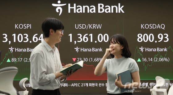 24일 오후 서울 중구 하나은행 딜링룸 전광판에 코스피와 코스닥 종가, 환율이 표시되고 있다.이날 코스피는 89.17p(2.96%) 오른 3,103.64, 코스닥은 16.14(2.06%) 오른 800.93으로 마감했다.  코스피가 3,100을 넘어선 것은 지난 2021년 9월 28일 이후 약 3년 9개월 만, 코스닥이 800을 넘어선 것은 11개월 만이다.